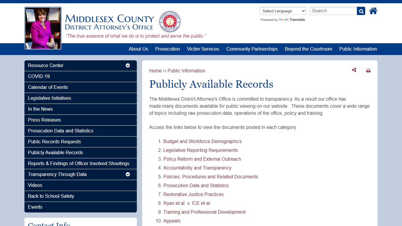 Publicly Available Records - Middlesex County District Attorney's Office